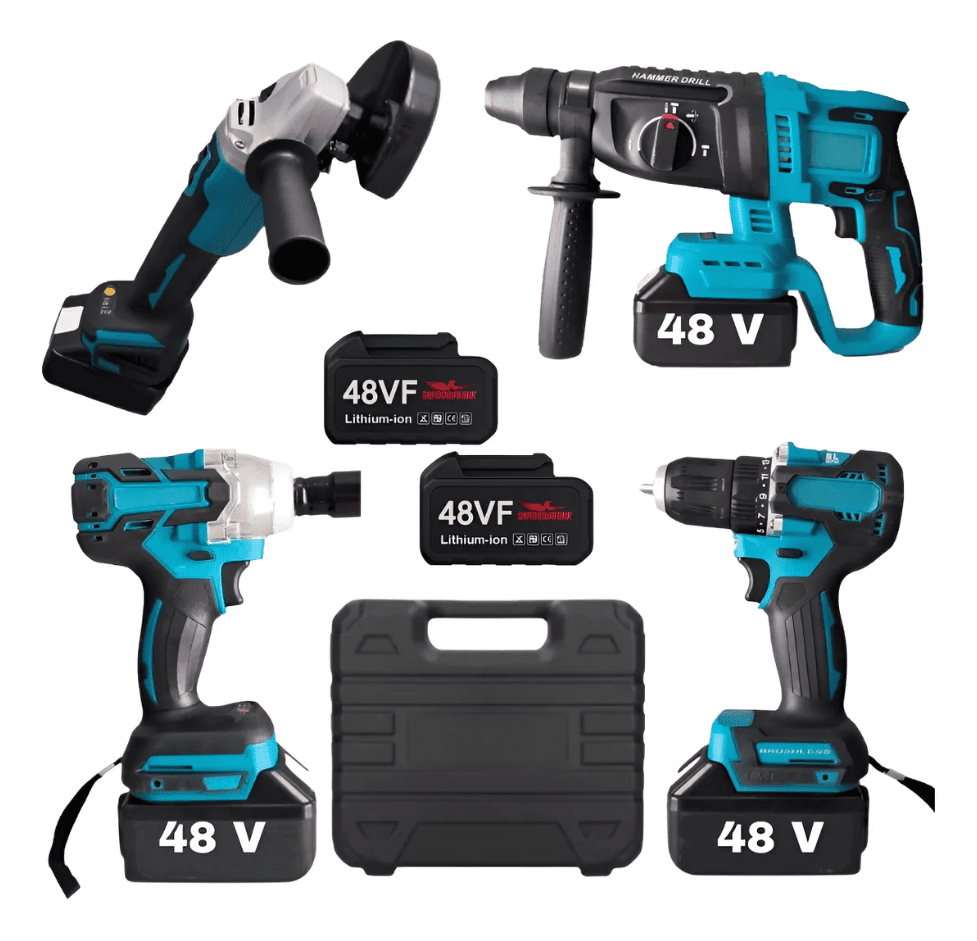 Maleta Com 4 Ferramentas Completa Estoque Central - Martelete, Esmerilhadeira, Parafusadeira e Chave de Impacto com Maleta Profissional Organizadora